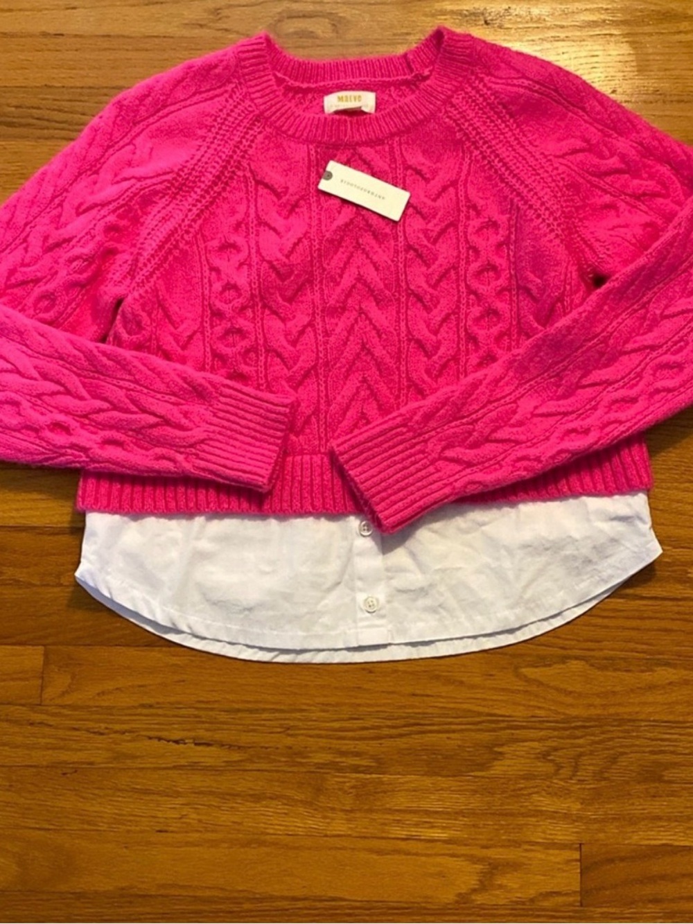 Anthropologie Hot Pink Cable-Knit Faux-Layer Crew Sweater